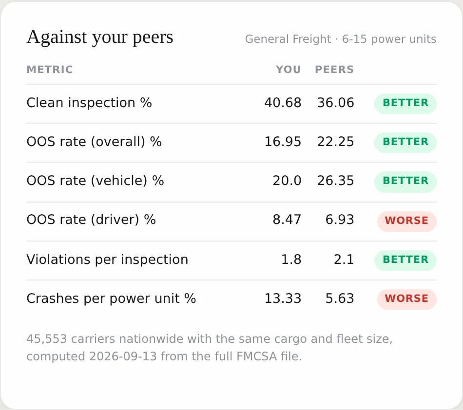 A table comparing this carrier to peers with the same cargo and fleet size.